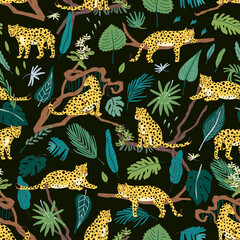 leopards safari animals hand drawn seamless vector pattern