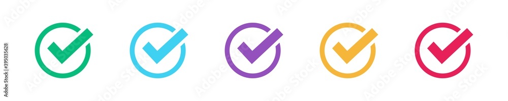 Poster tick set icons on green backdrop. check mark button in flat, vector isollated