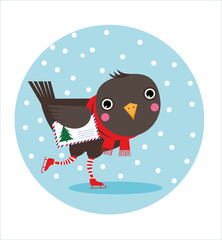 A bird in a scarf and skates holds a letter to Santa Claus under his wing
