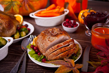 Traditional sliced honey glazed ham for festive Christmas or Thanksgiving table