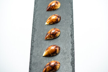 Set of chocolate sweets isolated on white background, selective focus