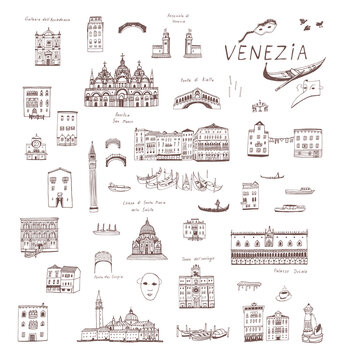 Travel Venice Italy city map vector hand drawn illustrations set
