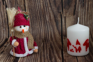 Christmas decoration on the wood background. snowman