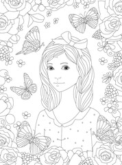 nice girl with bow surrounded flowers and flying butterflies for