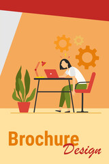 Tired exhausted woman working at laptop and feeling burnout. Vector illustration for overload, overwork, fatigue concept.