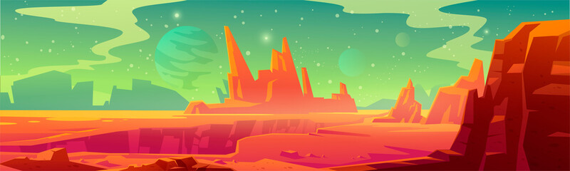 Mars landscape, red alien planet background, desert surface with mountains, rocks, deep cleft and stars shine on green sky. Martian extraterrestrial computer game backdrop, cartoon vector illustration