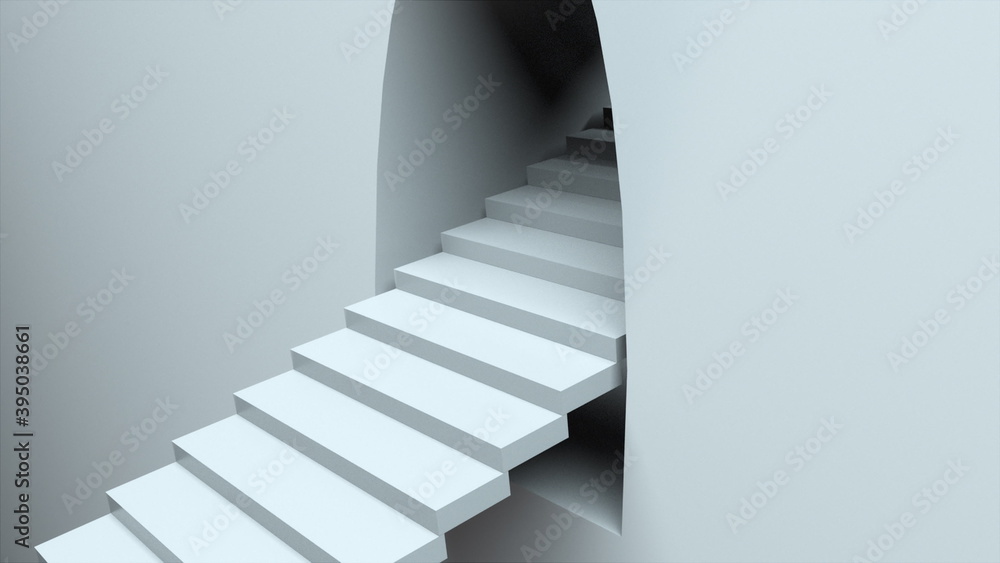 Poster escalator coming out of the wall. 3d rendering of infinite stair. computer generated abstract backgr