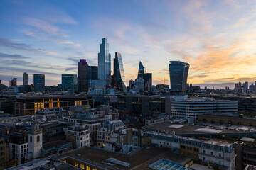 Fototapeta premium London Square mile drone view at sunrise 