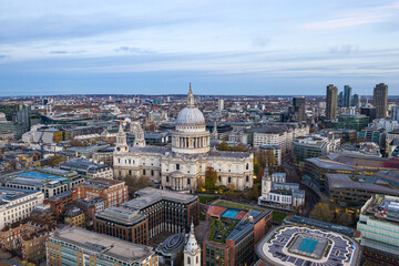 Fototapeta na wymiar Aerial drone night shot of iconic landmark Saint Paul Cathedral in the heart of City financial district of London, United Kingdom 