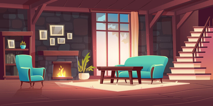 Luxury old living room interior with burning fireplace on stone wall, classic style furniture, couch, armchair and wood coffee table, flower vase, window and stairs, home cartoon vector illustration