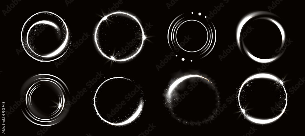 Poster light circles with sparkles, magic glow effect. vector realistic set of white shiny rings and swirls