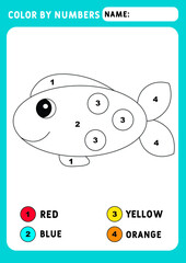 Coloring page with Funny little fish. Color by numbers educational children game, drawing kids activity. Animals theme. Illustration and vector outline - A4 paper ready to print.