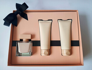 Close-up of a set of perfumed water, cream-colored shower gel in a gift box . Close-up photo on a...