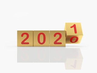 Change the numbers from 2020 to 2021 by scrolling the gold cubes with reflection on white. 3d illustration