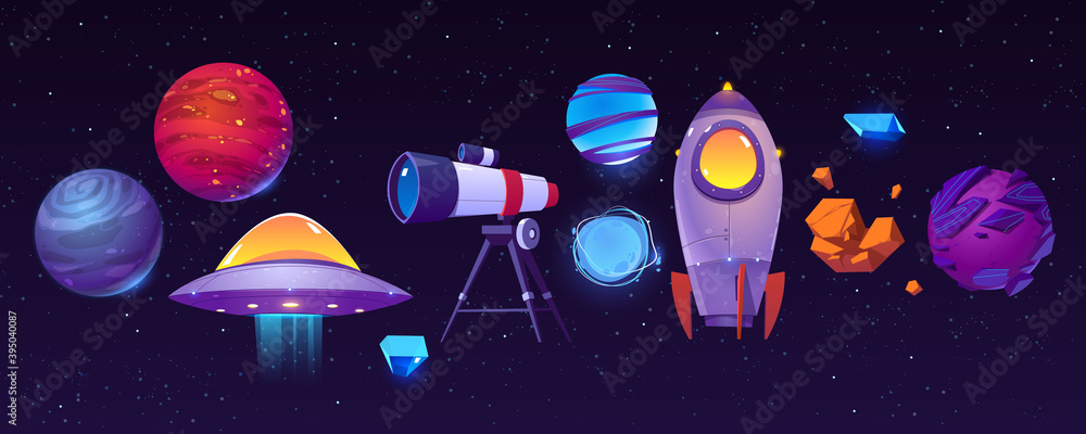 Poster space exploring icons, planets, rocket or shuttle, telescope, alien ufo with asteroid in dark starry