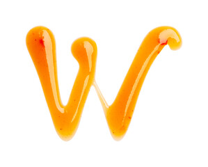 Chili sauce alphabet Letter W isolated on a white background. Close up, top view.