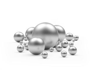 Heap of silver or metal spheres of various sizes isolated on white. 3d illustration