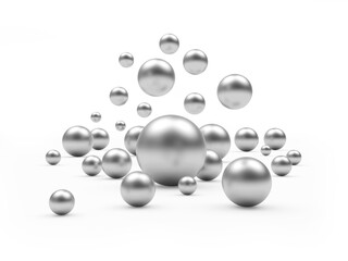 Falling set of silver spheres of various sizes isolated on white. 3d illustration
