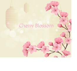 Vintage japanese style background. Chinese New Year banner with cherry blossom branches and lanterns. Sakura branch on pastel yellow background with shapes of lanterns. Eps 10.