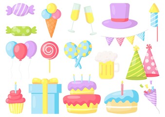 birthday icons. party celebration. carnival festive items isolated on white background. vector Illustration.