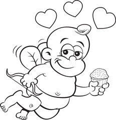 Black and white illustration of baby cupid holding a bow and cupcake surrounded by hearts.