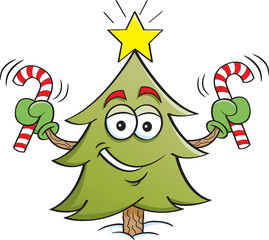 Cartoon illustration of a smiling pine tree holding candy canes.