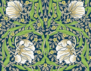 Vintage white flowers and green foliage seamless ornament. Vector illustration. - 395041486