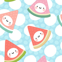 Watermelon Cute Face Seamless Pattern Background, Vector illustration
