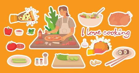 Young girl cooking pizza in kitchen at home. Cooking stickers icons vector concept