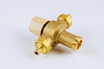 Supply plumbing water various brass thermostatic mixing valve on isolated white background.