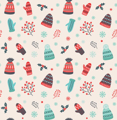 
Christmas pattern with hats and mittens