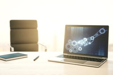 Naklejka premium Modern computer monitor with robotics technology hologram. Research and development software concept. 3D Rendering