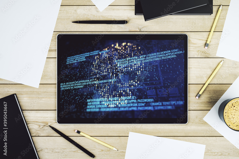 Leinwandbilder creative code skull hologram on modern digital tablet display, cybercrime and hacking concept. top v