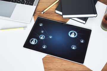 Modern digital tablet display with social network media concept. Top view. 3D Rendering