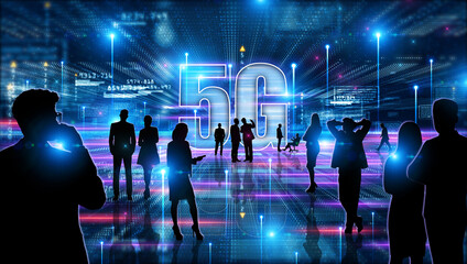 5G abstract conceptual information technologies background - illustration with group of people  silhouettes: meeting, discussion, presentation, opening etc.