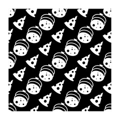 Vector seamless pattern with slices of salami and cheese sausage isolated on a black background. Pizza ingredients. Background for menu. Flat style cartoon. Vector