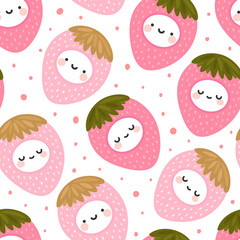 cute face kawaii strawberry pattern, cartoon fruit doodle seamless background with dots, Vector illustration