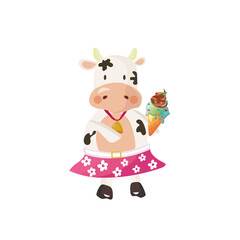 Obraz na płótnie Canvas White cow wearing a pink skirt with daisies eating ice cream. Vector illustration.