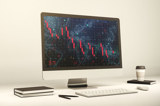 Modern computer monitor with creative abstract global crisis chart with world map hologram. Financial crisis and recession concept. 3D Rendering
