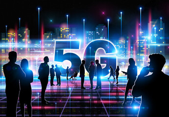 5G abstract conceptual information technologies background - illustration with group of people  silhouettes: meeting, discussion, presentation, opening etc.