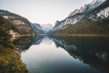 Obraz na płótnie Canvas Gosau lake and Dachstein massif, beautiful touristic destination in Austrian Alps