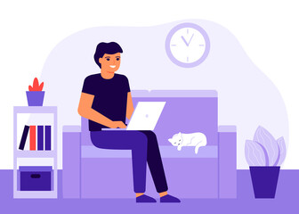 Young happy man work home sitting an couch with laptop. Fun male online remote work, study, learn course, communication. Workflow, workspace. Freelancer man is employed home. Vector illustration