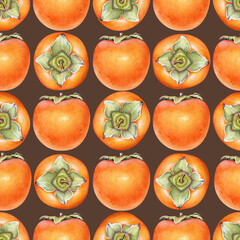Seamless pattern with watercolor persimmon fruits