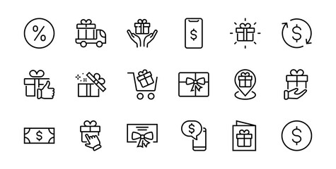 Gifts Linear Icons Set contains Gift Box, Gift Buying, Gift Delivery, Gift Geolocation mobile application, Gift notification, SMS. Editable Barcode, Vectar Icons