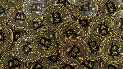3d rendering of a lot of bitcoins gold and black in a close up view