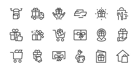 Gifts Linear Icons Set contains Gift Box, Gift Buying, Gift Delivery, Gift Geolocation mobile application, Gift notification, SMS. Editable Barcode, Vectar Icons