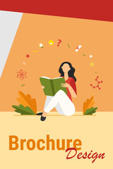 Female student sitting and reading book. Study, learning, girl flat vector illustration. Education and knowledge concept for banner, website design or landing web page
