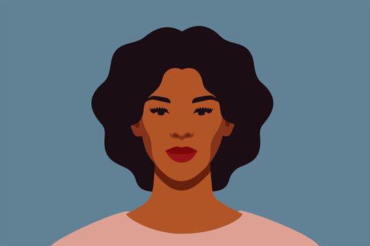 Strong Black woman with curly hair smiles and looks directly. Confident young woman with brown skin portrait front view on a blue background. Vector illustration.