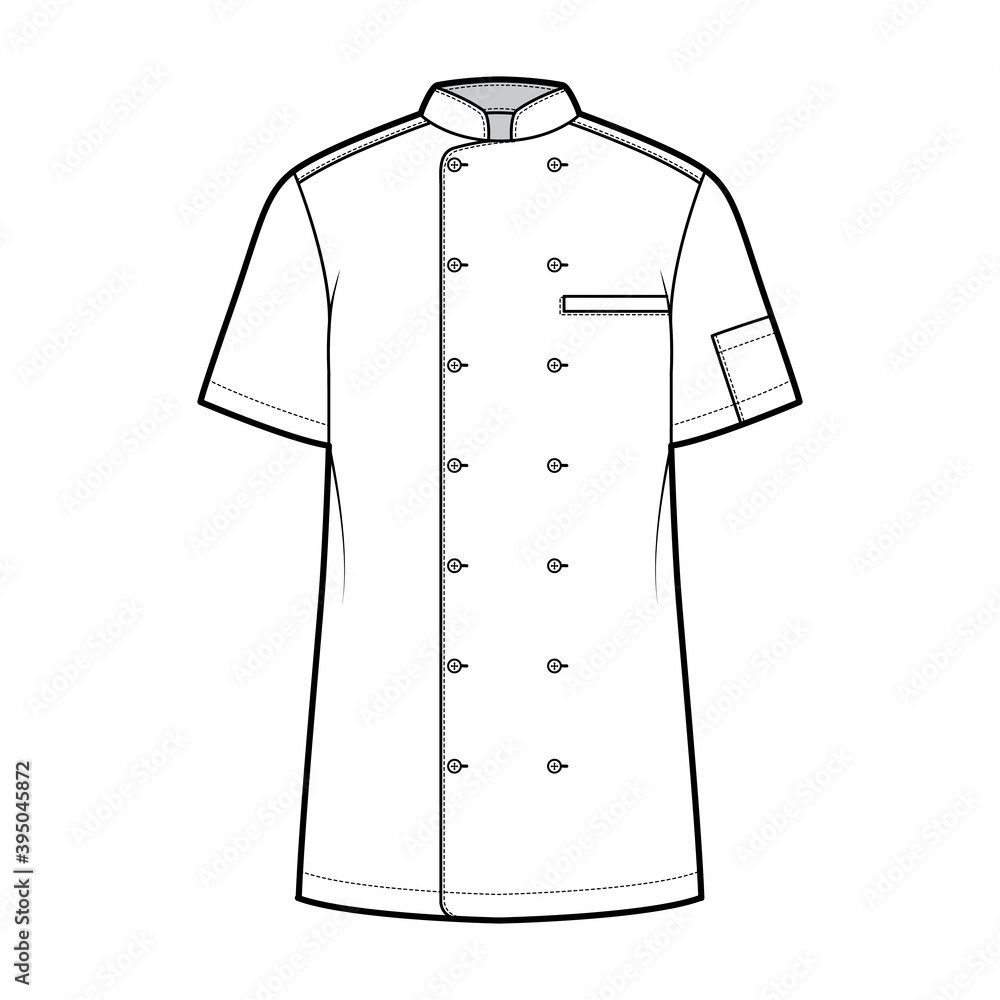 Wall mural Shirt bakers chefs uniform technical fashion illustration with short sleeves, welt pockets, relax fit, double breasted button-down. Flat template front, white color. Women men top CAD mockup - Wall murals