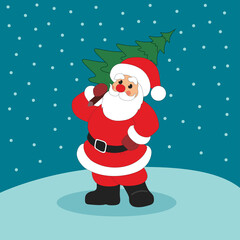 Santa Claus with a Christmas tree. Vector cartoon illustration. Christmas card.